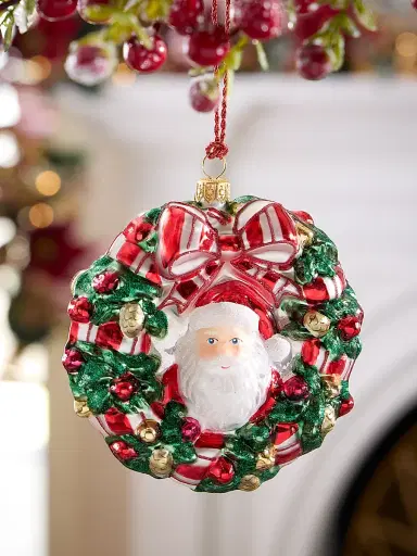 Glassware Art Studio Santa Wreath Glass Ornament | Thumbnail 1 Glassware Art Studio Santa Wreath Glass Ornament | Thumbnail 1