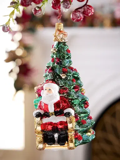 Glassware Art Studio Santa In Sleigh By The Tree Glass Ornament | Thumbnail 2