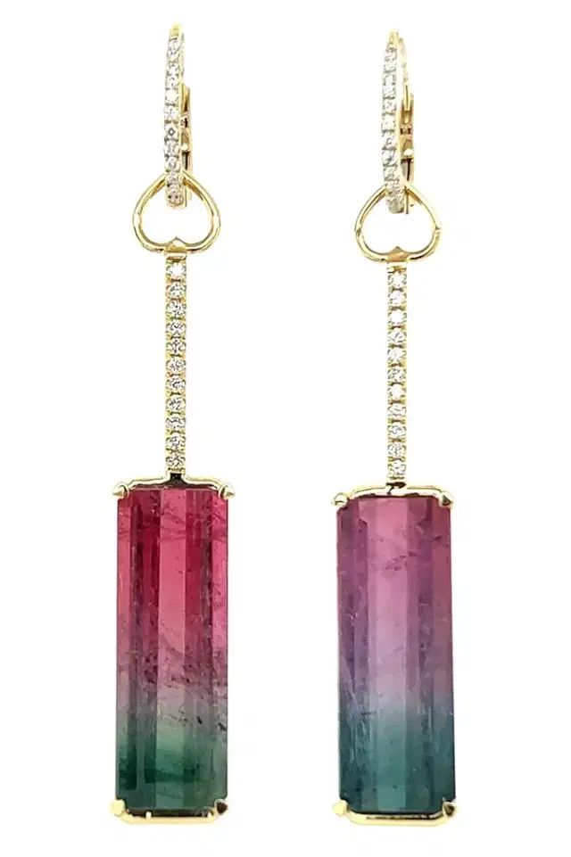 LISA NIK Watermelon Tourmaline Diamond Long Drop Earrings