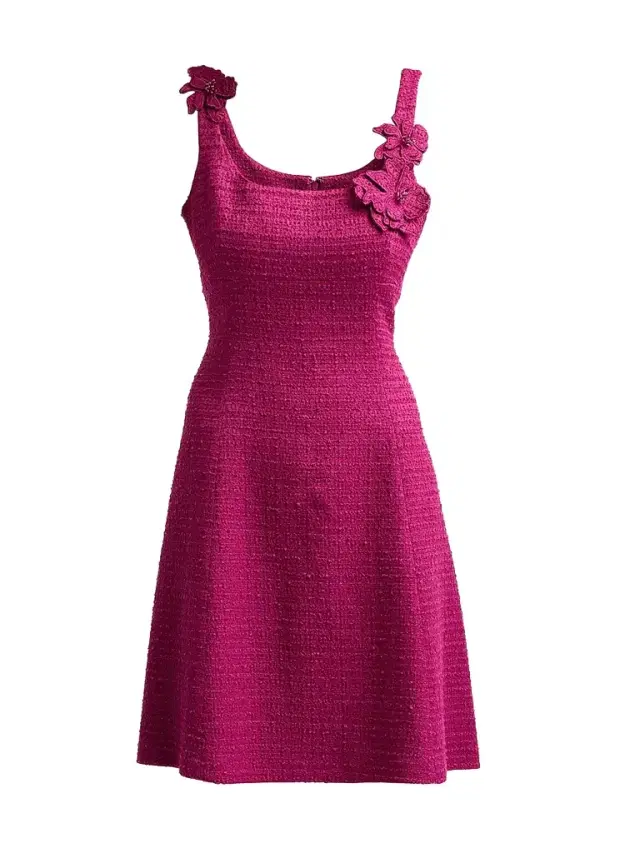 Teri Jon by Rickie Freeman 3D Flower Appliqué Bouclé Tweed A-Line Mini Dress