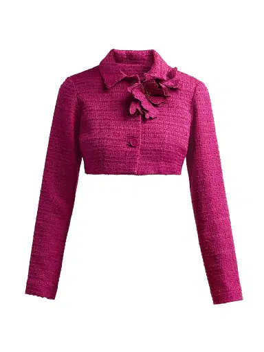 Teri Jon by Rickie Freeman Women's 3D Flower Appliqué Bouclé Cropped Jacket | Thumbnail 1 Teri Jon by Rickie Freeman Women's 3D Flower Appliqué Bouclé Cropped Jacket | Thumbnail 1