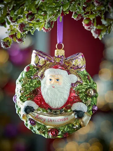 Glassware Art Studio Santa Wreath Glass Ornament | Thumbnail 1 Glassware Art Studio Santa Wreath Glass Ornament | Thumbnail 1
