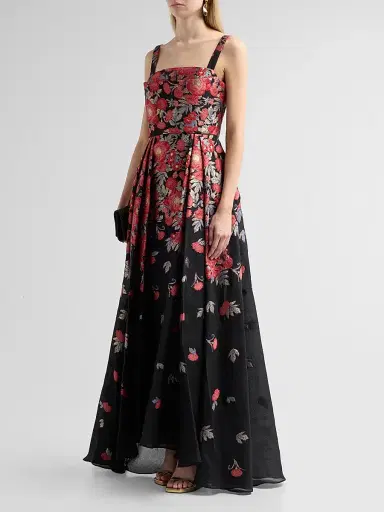 THEIA Women's Ginevra Floral Jacquard Gown - Crimson Bloom Black - Size 16 | Thumbnail 4