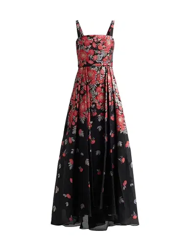 THEIA Women's Ginevra Floral Jacquard Gown - Crimson Bloom Black - Size 16 | Thumbnail 1