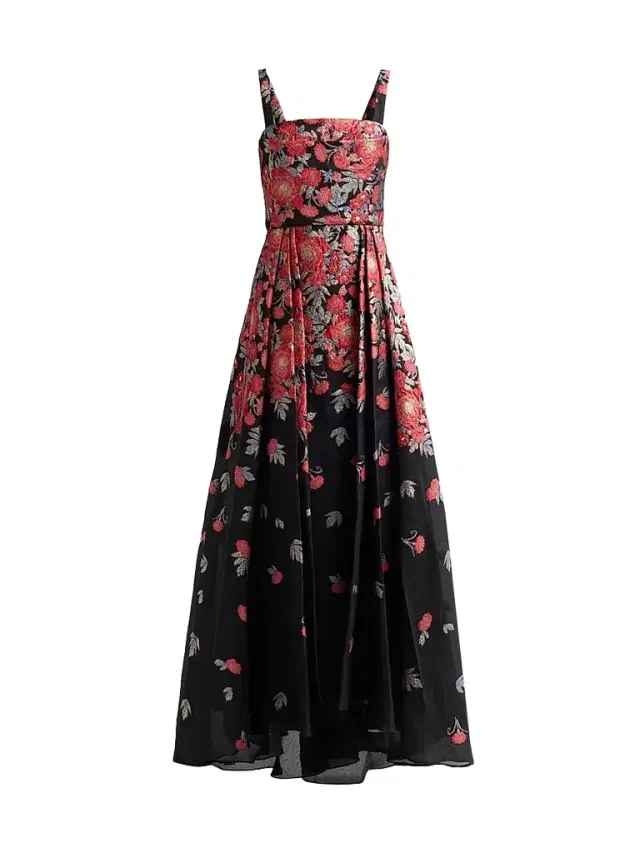 THEIA Women's Ginevra Floral Jacquard Gown - Crimson Bloom Black - Size 16
