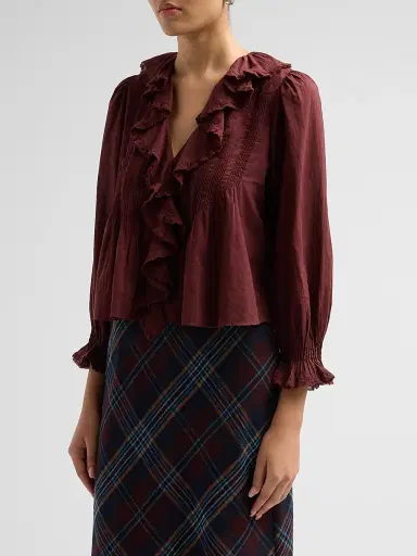 DÔEN Women's Hardy Pintuck Cotton Ruffle V-Neck Blouse | Thumbnail 4 DÔEN Women's Hardy Pintuck Cotton Ruffle V-Neck Blouse | Thumbnail 4