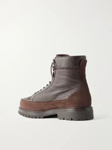 Brunello Cucinelli Shearling-Lined Suede-Trimmed Textured-Leather Lace-Up Boots - Men | Thumbnail 4