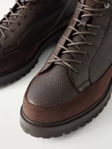 Brunello Cucinelli Shearling-Lined Suede-Trimmed Textured-Leather Lace-Up Boots - Men | Thumbnail 5