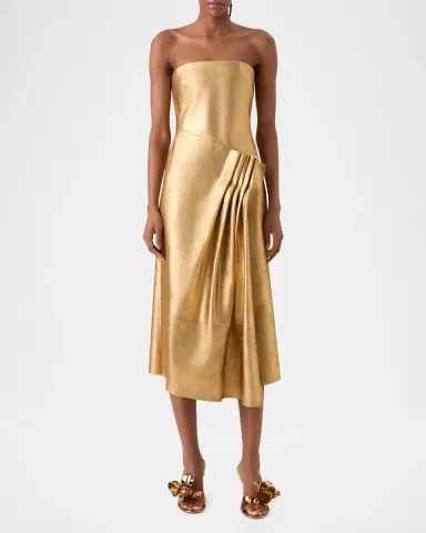 Akris Strapless Asymmetric Gathered Lamé Nappa Leather Midi Bustier Gown | Thumbnail 2