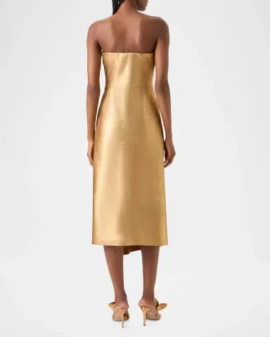 Akris Strapless Asymmetric Gathered Lamé Nappa Leather Midi Bustier Gown | Thumbnail 3