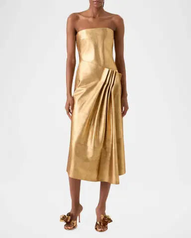 Akris Strapless Asymmetric Gathered Lamé Nappa Leather Midi Bustier Gown | Thumbnail 4