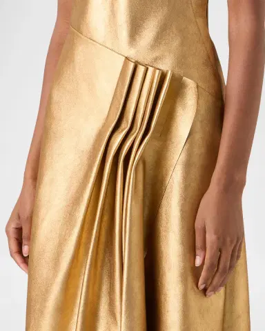 Akris Strapless Asymmetric Gathered Lamé Nappa Leather Midi Bustier Gown | Thumbnail 5