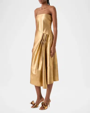 Akris Strapless Asymmetric Gathered Lamé Nappa Leather Midi Bustier Gown | Thumbnail 6