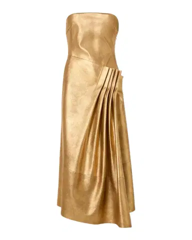 Akris Strapless Asymmetric Gathered Lamé Nappa Leather Midi Bustier Gown | Thumbnail 1