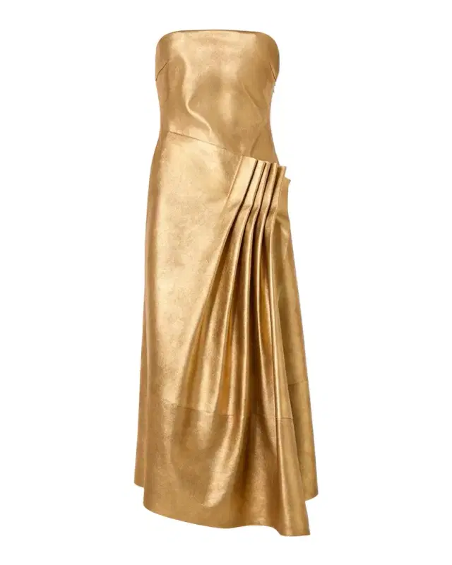 Akris Strapless Asymmetric Gathered Lamé Nappa Leather Midi Bustier Gown