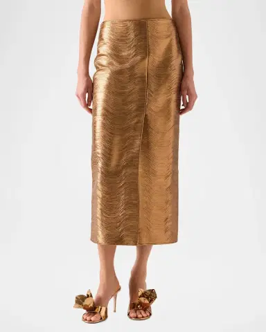 Akris Embroidered Lame Nappa Leather Midi Pencil Skirt | Thumbnail 3