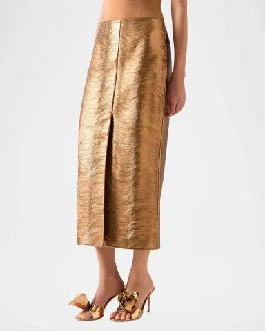 Akris Embroidered Lame Nappa Leather Midi Pencil Skirt | Thumbnail 5