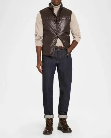 Brunello Cucinelli Men's Reversible Leather and Nylon Quilted Vest | Thumbnail 2 Brunello Cucinelli Men's Reversible Leather and Nylon Quilted Vest | Thumbnail 2