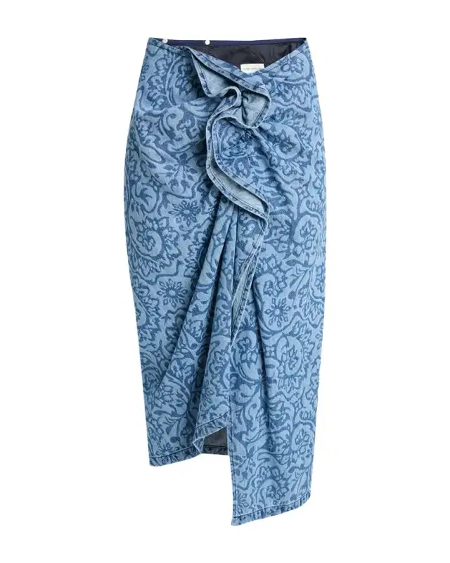 Dries Van Noten Sinas Floral Denim Ruffle Midi Skirt