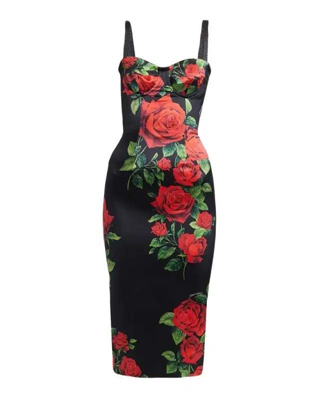 Dolce & Gabbana Sleeveless Rose Silk Midi Bustier Dress