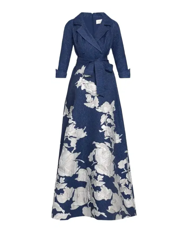 Rickie Freeman for Teri Jon Metallic Floral Jacquard Shirt Gown