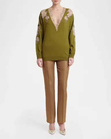 Valentino Garavani Lace-Inset Plunging Wool Sweater | Thumbnail 2 Valentino Garavani Lace-Inset Plunging Wool Sweater | Thumbnail 2