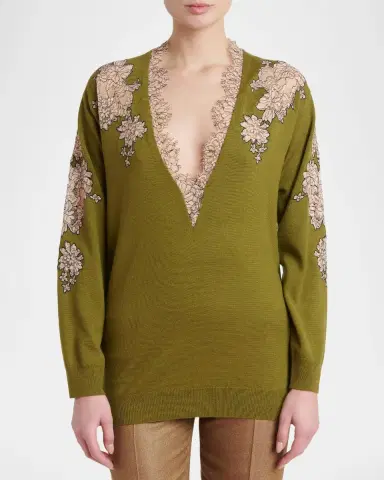 Valentino Garavani Lace-Inset Plunging Wool Sweater | Thumbnail 4 Valentino Garavani Lace-Inset Plunging Wool Sweater | Thumbnail 4