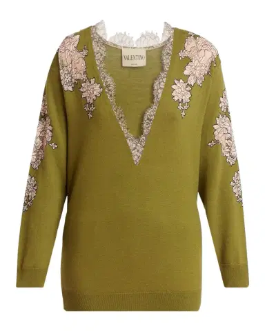 Valentino Garavani Lace-Inset Plunging Wool Sweater | Thumbnail 1 Valentino Garavani Lace-Inset Plunging Wool Sweater | Thumbnail 1