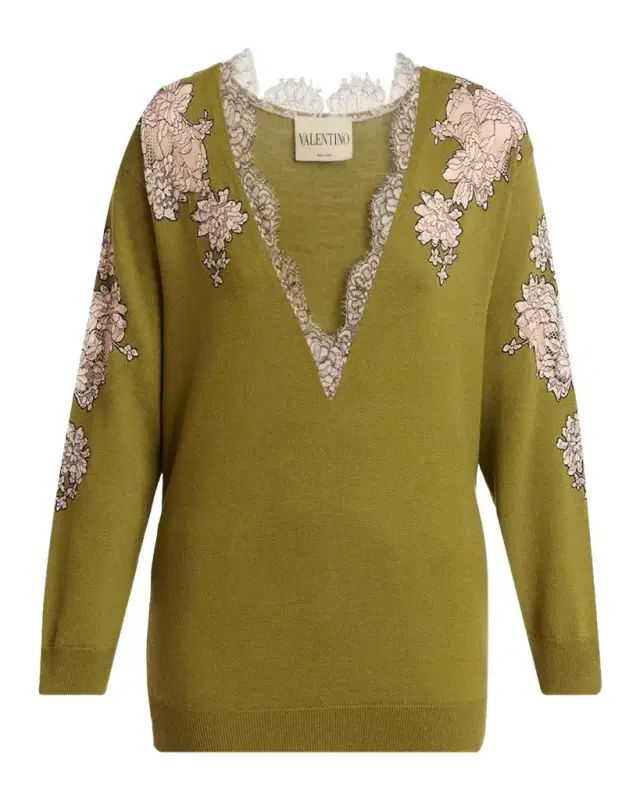 Valentino Garavani Lace-Inset Plunging Wool Sweater