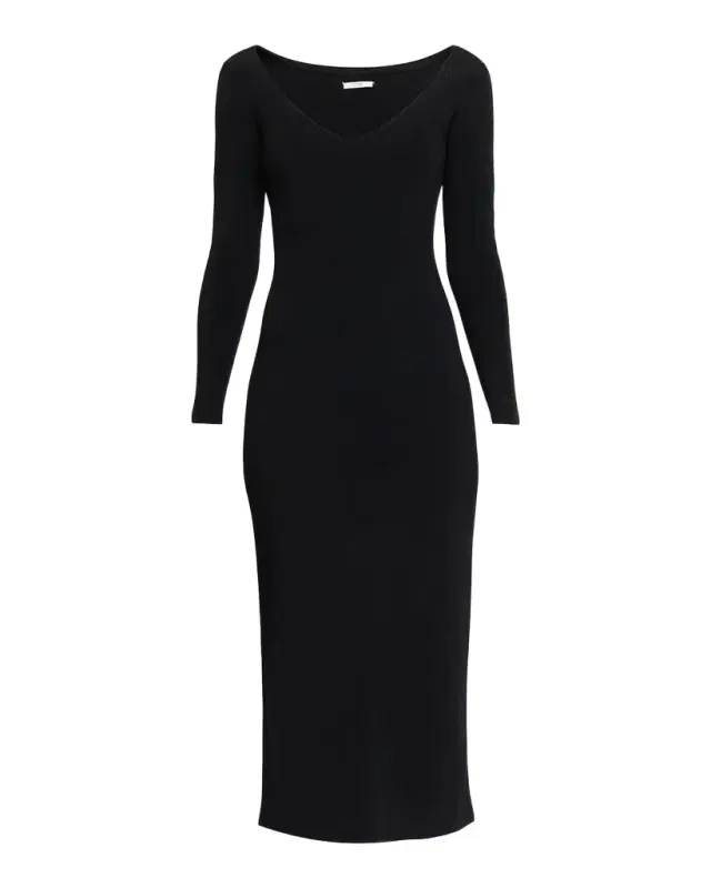 FFORME Lottie Wide V-Neck Ribbed Long-Sleeve Midi Dress