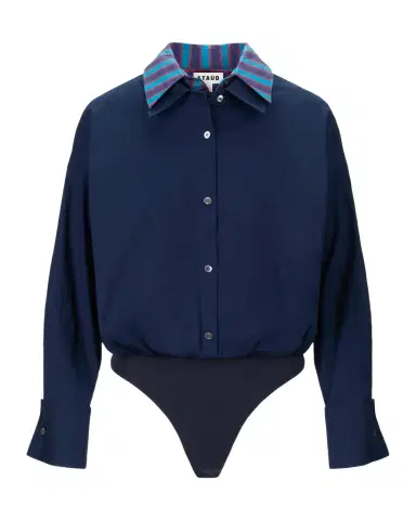 Staud Uptown Stripe Collar Bodysuit | Thumbnail 1 Staud Uptown Stripe Collar Bodysuit | Thumbnail 1