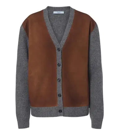 Prada Suede-trimmed virgin wool cardigan | Thumbnail 1 Prada Suede-trimmed virgin wool cardigan | Thumbnail 1