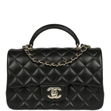 Chanel Chanel Mini Classic Rectangular Top Handle Flap Bag Black Lambskin Light Gold Hardware | Thumbnail 1