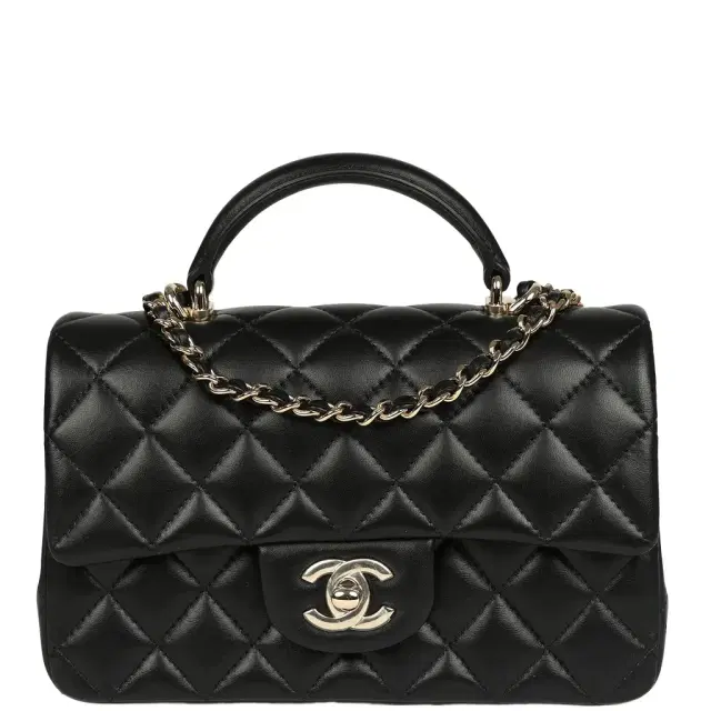 Chanel Chanel Mini Classic Rectangular Top Handle Flap Bag Black Lambskin Light Gold Hardware