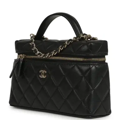 Chanel Chanel Top Handle Long Vanity Case with Chain Black Lambskin Light Gold Hardware | Thumbnail 5 Chanel Chanel Top Handle Long Vanity Case with Chain Black Lambskin Light Gold Hardware | Thumbnail 5