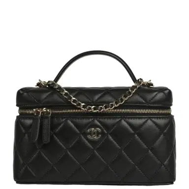 Chanel Chanel Top Handle Long Vanity Case with Chain Black Lambskin Light Gold Hardware | Thumbnail 1 Chanel Chanel Top Handle Long Vanity Case with Chain Black Lambskin Light Gold Hardware | Thumbnail 1