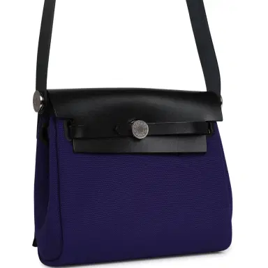 HERMÈS Hermes Herbag Zip 20 Mini Purple Toile Militaire Canvas and Black Vache Hunter Palladium Hardware | Thumbnail 2