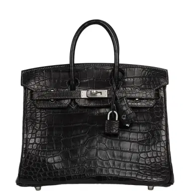 HERMÈS Hermes Special Order (HSS) Birkin 25 Black Matte Verso Alligator Brushed Palladium Hardware | Thumbnail 1 HERMÈS Hermes Special Order (HSS) Birkin 25 Black Matte Verso Alligator Brushed Palladium Hardware | Thumbnail 1