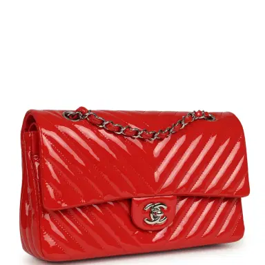 Chanel Pre-owned Chanel Medium Chevron Classic Double Flap Bag Red Patent Leather Silver Hardware | Thumbnail 2 Chanel Pre-owned Chanel Medium Chevron Classic Double Flap Bag Red Patent Leather Silver Hardware | Thumbnail 2