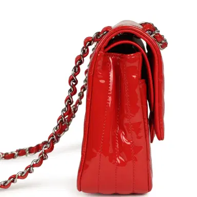 Chanel Pre-owned Chanel Medium Chevron Classic Double Flap Bag Red Patent Leather Silver Hardware | Thumbnail 3 Chanel Pre-owned Chanel Medium Chevron Classic Double Flap Bag Red Patent Leather Silver Hardware | Thumbnail 3