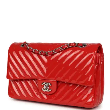 Chanel Pre-owned Chanel Medium Chevron Classic Double Flap Bag Red Patent Leather Silver Hardware | Thumbnail 5 Chanel Pre-owned Chanel Medium Chevron Classic Double Flap Bag Red Patent Leather Silver Hardware | Thumbnail 5