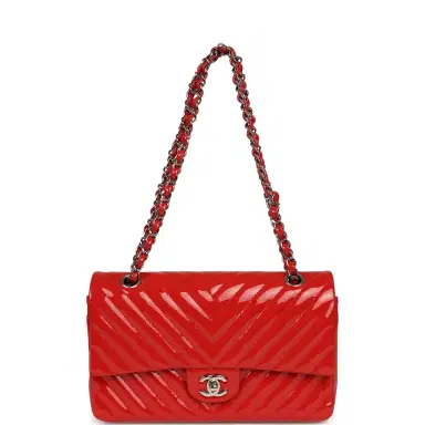 Chanel Pre-owned Chanel Medium Chevron Classic Double Flap Bag Red Patent Leather Silver Hardware | Thumbnail 7 Chanel Pre-owned Chanel Medium Chevron Classic Double Flap Bag Red Patent Leather Silver Hardware | Thumbnail 7