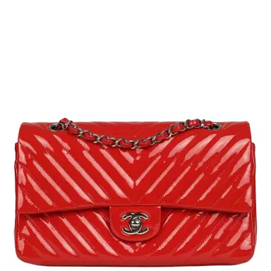 Chanel Pre-owned Chanel Medium Chevron Classic Double Flap Bag Red Patent Leather Silver Hardware | Thumbnail 1 Chanel Pre-owned Chanel Medium Chevron Classic Double Flap Bag Red Patent Leather Silver Hardware | Thumbnail 1
