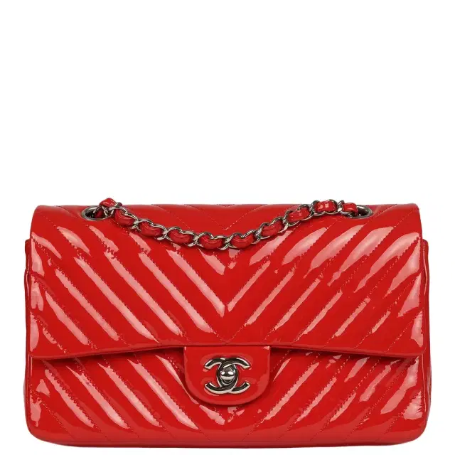 Pre-owned Chanel Medium Chevron Classic Double Flap Bag Red Patent Leather Silver Hardware Pre-owned Chanel Medium Chevron Classic Double Flap Bag Red Patent Leather Silver Hardware