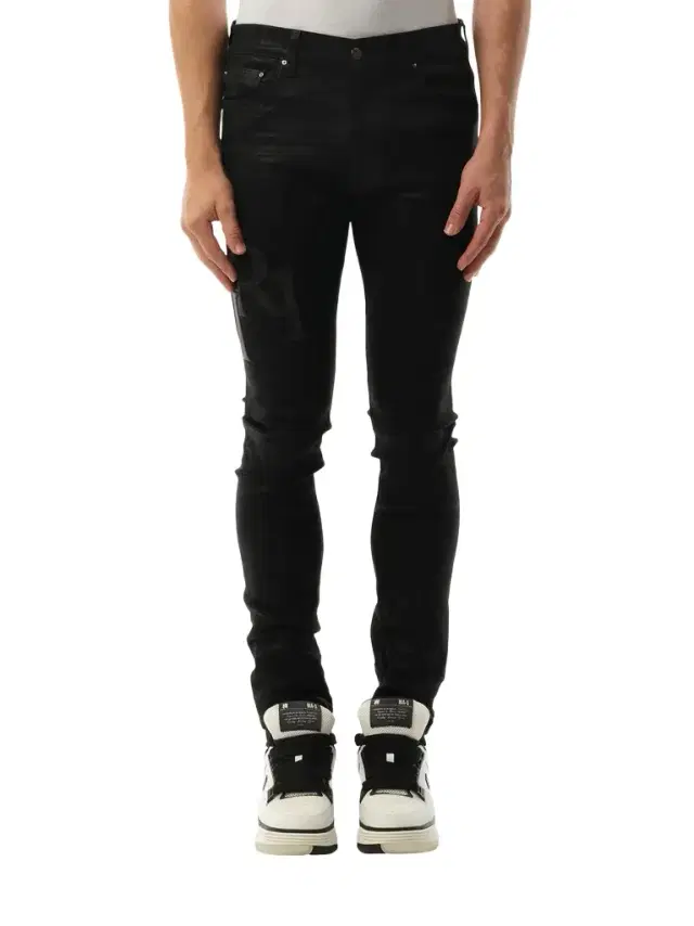 AMIRI Waxed Staggered Logo Skinny Jeans in Black Wax