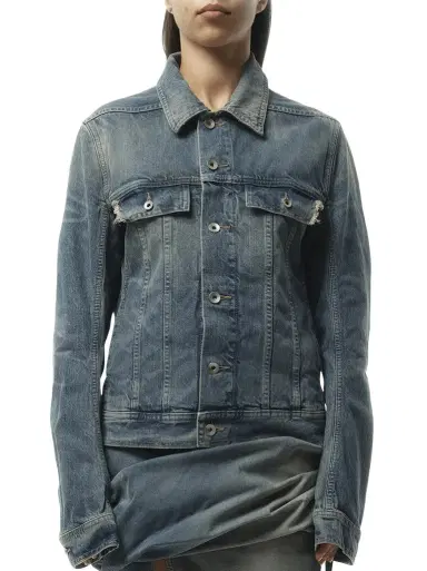 RICK OWENS DRKSHDW Trucker Denim Jacket in Washed Indigo Blue | Thumbnail 1