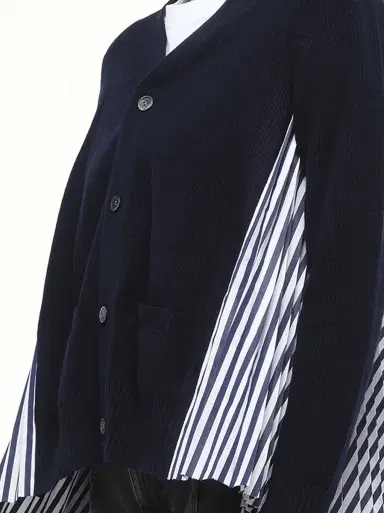 Sacai Wool Knit x Cotton Poplin Cardigan in Navy/navystripe | Thumbnail 2