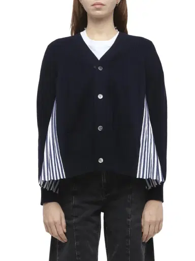 Sacai Wool Knit x Cotton Poplin Cardigan in Navy/navystripe | Thumbnail 1