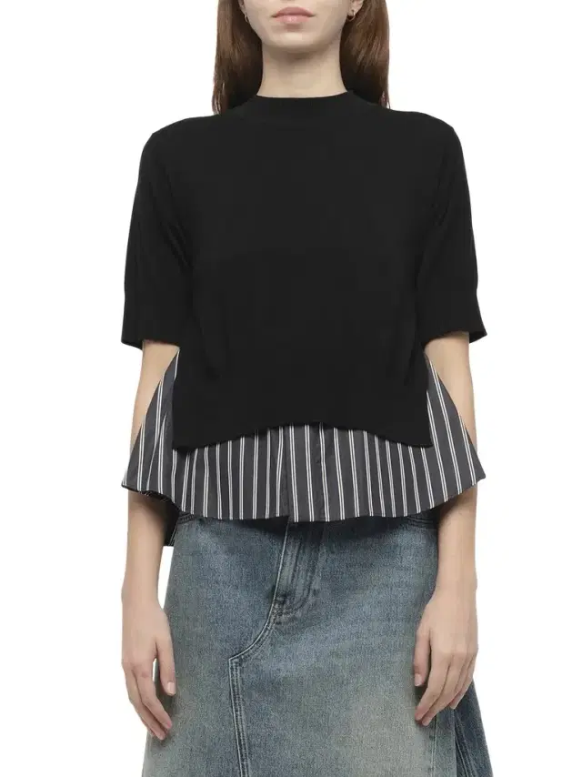Sacai Poplin x Knit Pullover in Black/dark Navy Stripe Black