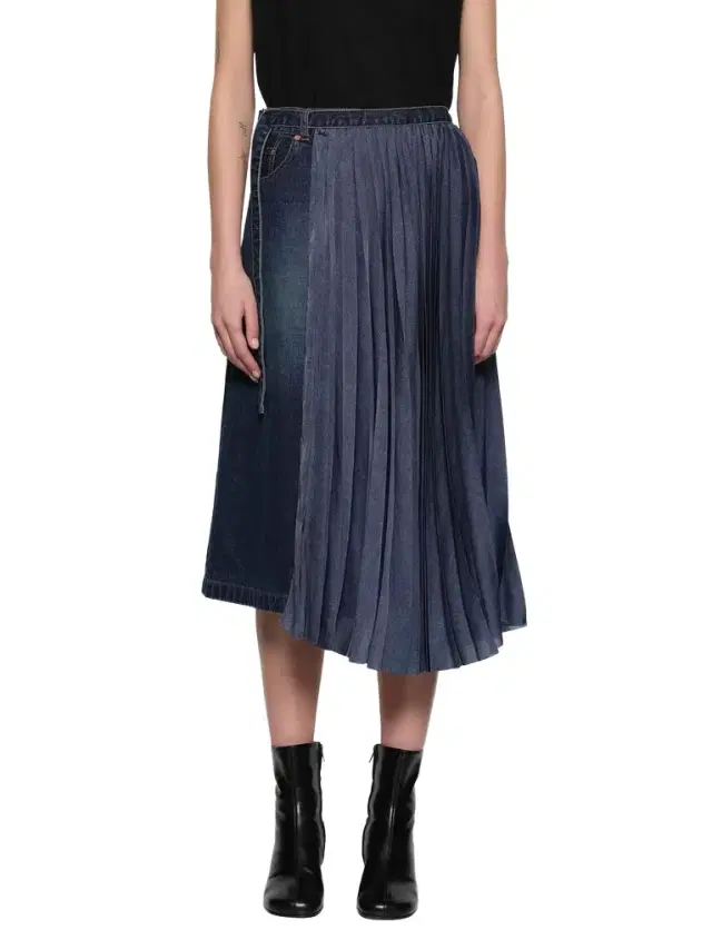 Half Pleated Denim Skirt
